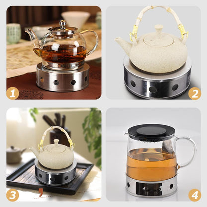 Stainless Steel Tea Pot Heater with Glass Warmer Base, Hollow Teapot Warmer for Office and Home, Portable Teapot Heating Stand with Candle Holder for Tea Accessories