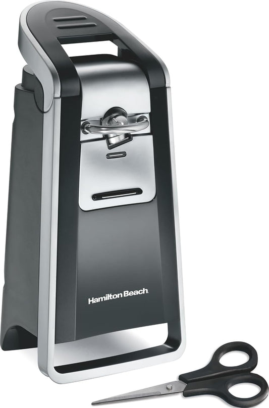 Hamilton Beach Smooth Touch Electric Can Opener With Easy Push Down Lever | Opens All Standard, Extra-Tall & Pop-Top Cans | Includes Stainless Steel Scissors | Black & Chrome | 76607J
