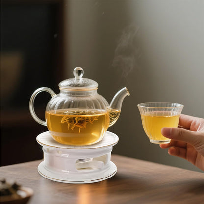 Ceramic Teapot Warmer, Gold Rim Teapot Heater with Tealight Holder | White Porcelain Tea Kettle Holder Warming Base for Heating Coffee, Milk, Water, Soup