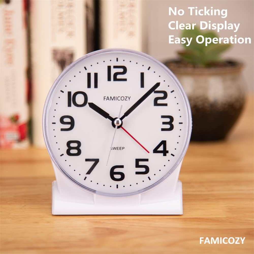 FAMICOZY 4.5" No Ticking Analog Alarm Clock,Silent Readable for Seniors,Easy to Set,Gradual Rise Alarm,Big Numbers,On/Off Switch on Side,Gentle Wake,Snooze Soft Backlight,Battery Operated,Black