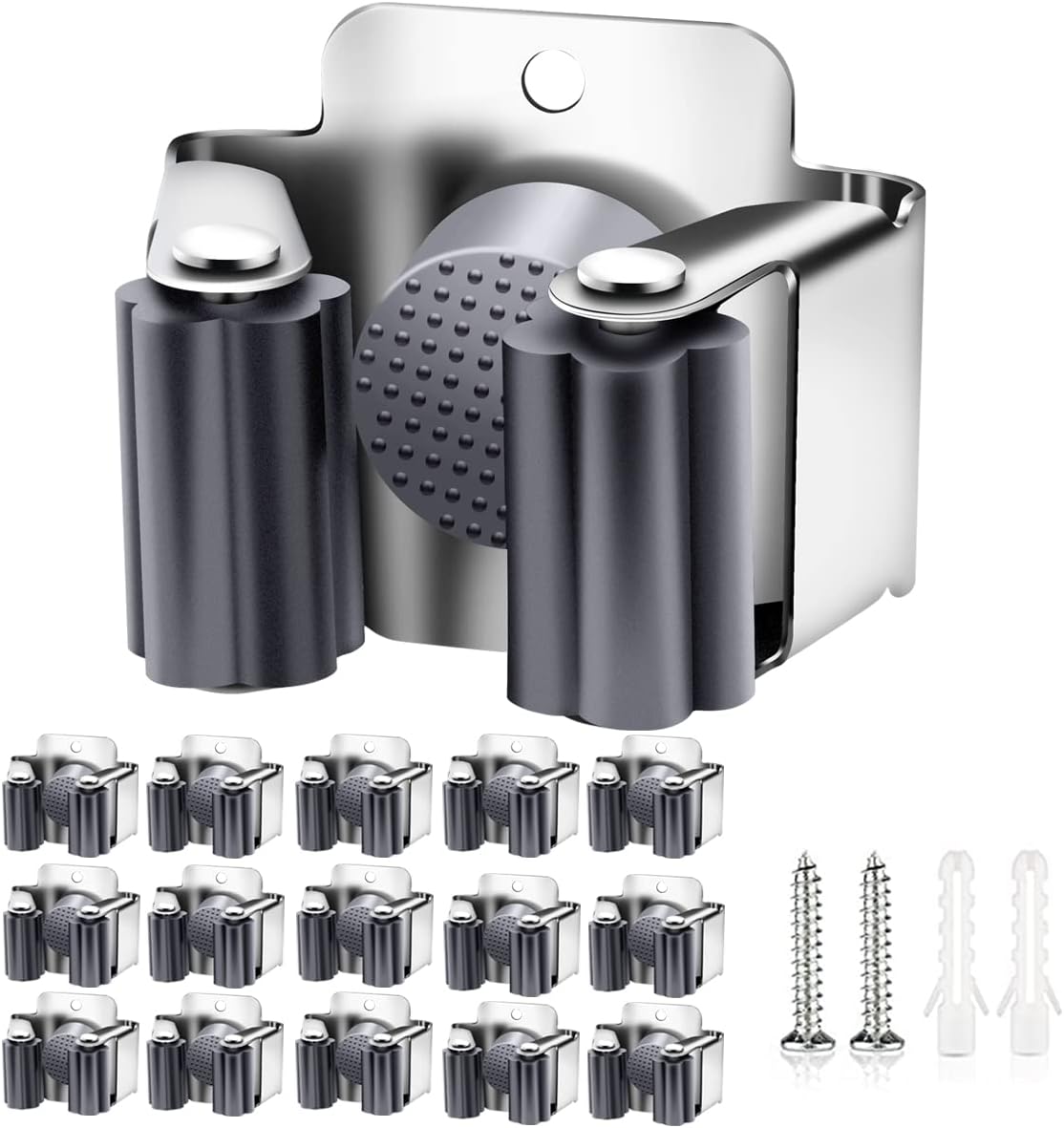 Verdenu 10 Pack Broom Holder Wall Mount, Mop Holder Wall Mounted, Stainless Steel Command Broom Holder with Screws, Garden Tool Rack Wall Mount for Kitchen, Home, Bathroom, Garage Storage, Black