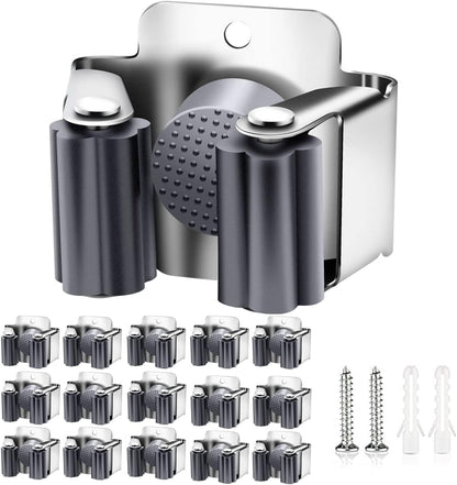 Verdenu 10 Pack Broom Holder Wall Mount, Mop Holder Wall Mounted, Stainless Steel Command Broom Holder with Screws, Garden Tool Rack Wall Mount for Kitchen, Home, Bathroom, Garage Storage, Black