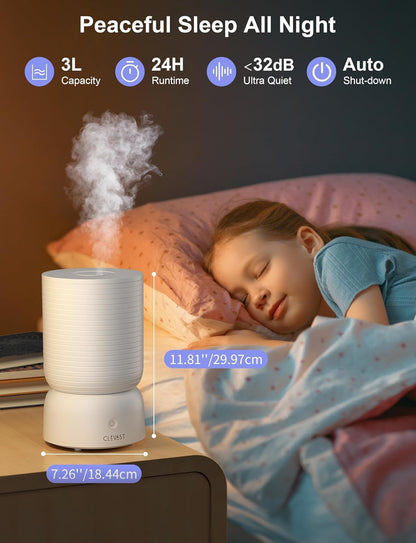 CLEVAST Smart Humidifier for Bedroom, 3L Top Fill Cool Mist Ultrasonic Air Humidifiers with Essential Oil Diffuser, Ultra Quiet for Baby Nursery, Plants, Home, Office (3 Liters Smart Version)