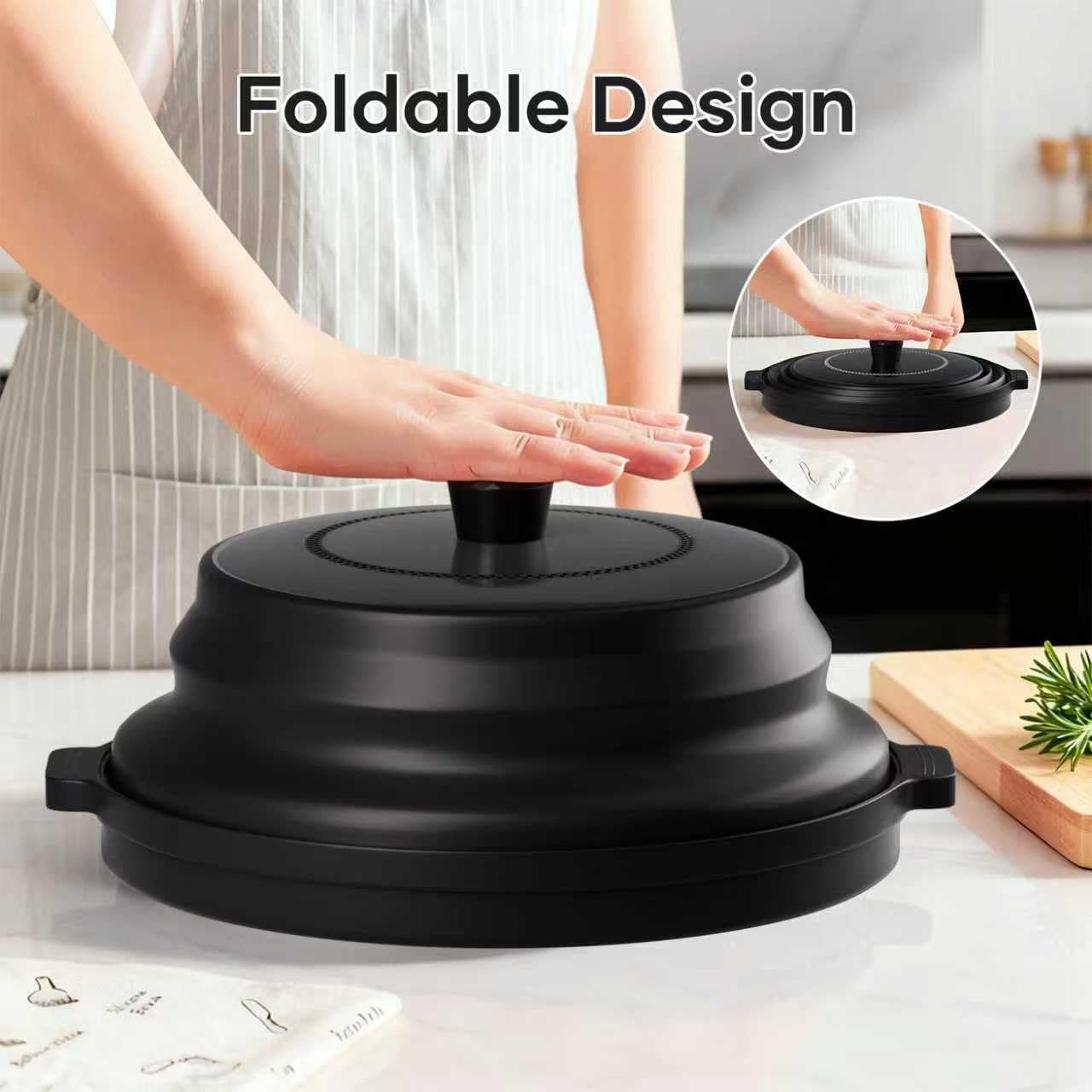 2 in 1 Microwave Splatter Cover for Food with Anti-scald Base Plate, Large Plastic & Silicone Collapsible Vented Food Guard Lid, Plate Holder & Kitchen Colander (Black)