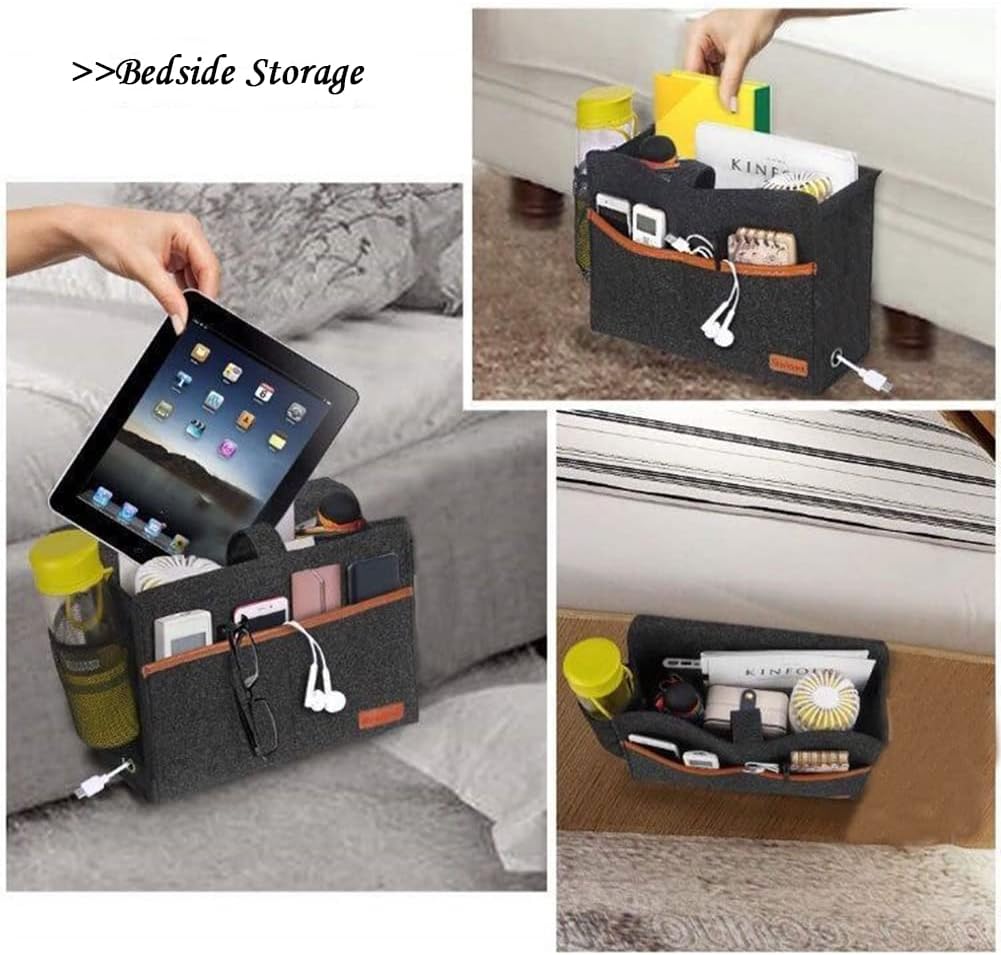 Bedside Caddy, Felt Bedside Storage Organizer, Hanging Storage Bag, Chair Organizer Caddy, Remote, Magazine, Drink Bottle Holder for Hospital, Dorm Bed, Baby Stuff, Office (Light Grey Small)
