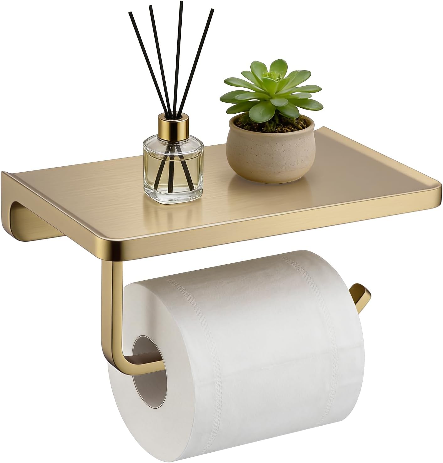 TRUSTMI Toilet Paper Holder with Phone Shelf, Zinc Alloy, Brushed Gold | Solid zinc alloy holder holds 15 lbs and fits jumbo rolls. Shelf stores phones and wipes for easy bathroom organization