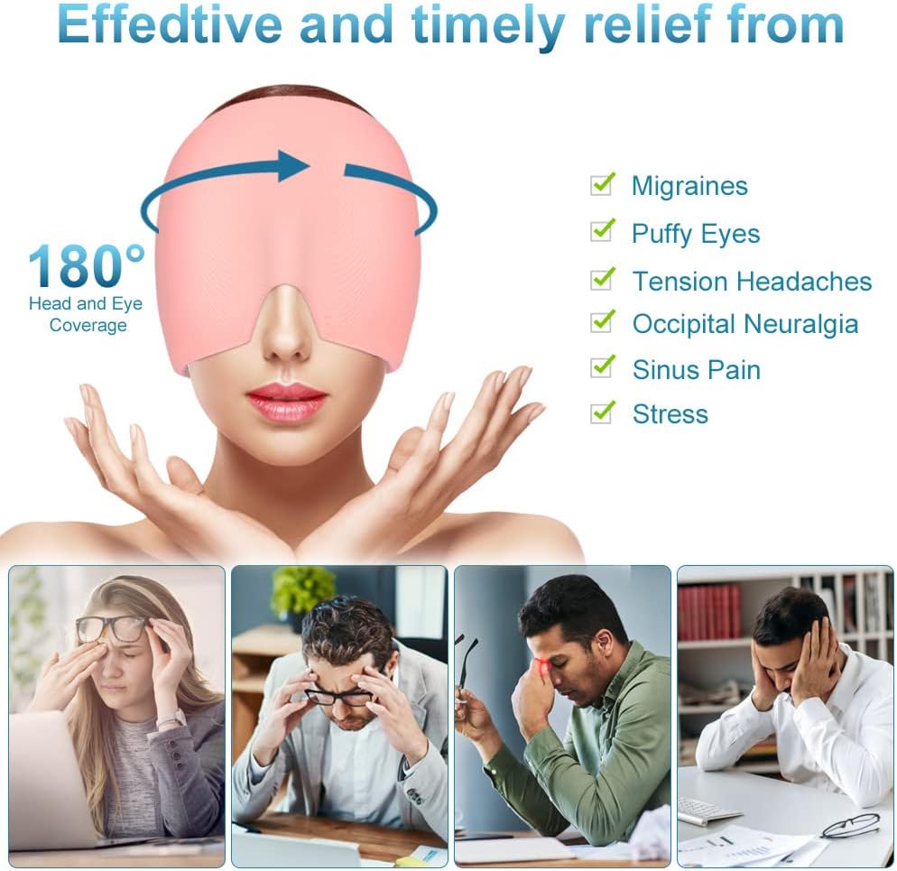 AOOWU Migraine Relief Cap, Reusable Soothing Headache Cap, Odorless Cooling Gel Ice Hat, Ice Pack Head Wrap, Hot and Cold Therapy, Cold Face Mask for Tension Stress Hangover Sinus Puffy Eyes, Blue