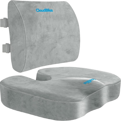 CloudBliss Lumbar Support Pillow & Seat Cushion Set for Office Chair, Desk Chair, Wheelchair & Car – Memory Foam Back Support, Ergonomic Chair Cushions, Sciatica Pain Relief, Home Essentials, Black