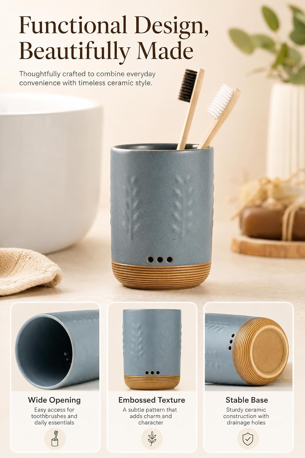LYEOBOH Ceramic Toothbrush Cup, Cute Toothbrush Holder with Drainage White | Farmhouse Toothbrush Container, Countertop Toothbrush Organizer, Toothbrush Storage for Bathroom Vanity & Countertop