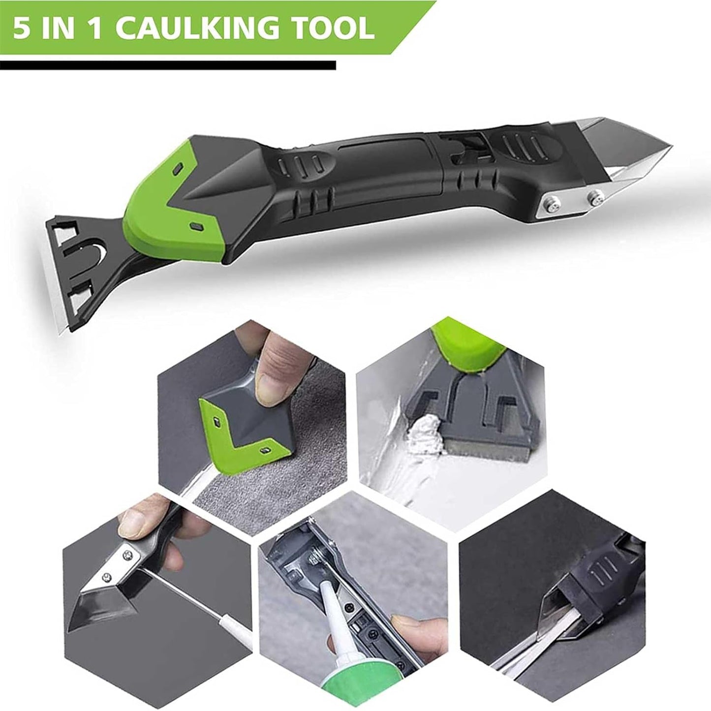 Caulking Tool 5 in 1, Caulk Remover & Sealant Finishing Tool, 10-Piece Kit | 5 Silicone Pads + 2 Stainless Steel Blades + 4 Angle Scrapers | Seam Repair for Kitchen, Bathroom, Tile & Window Joints