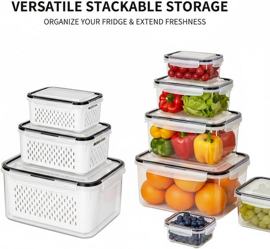 Fruit Storage Containers for Fridge with Removable Colanders, Household Transparent Plastic Food Storage Box-Including Drain Basket, 4 in 1 Food Storage Container, Vegetable Storage (Gray, S+M+L)