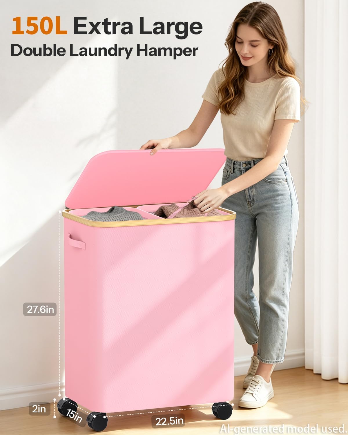 Double Laundry Basket with Wheels and Lid, 150L Clothes Hampers for Laundry | Large Laundry Hamper with 2 Sections & Removable Liner Bags, Rolling Dirty Clothes Basket for Bedroom Bathroom Dorm College