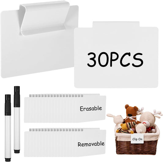 32Pcs Basket Labels Clip On Set - Include 30 Clip On Labels for Storage Bins with 2 Chalk Markers, PVC Removable Label Holders Basket Tags Label Clips for Kitchen Pantry Storage Bin (White)