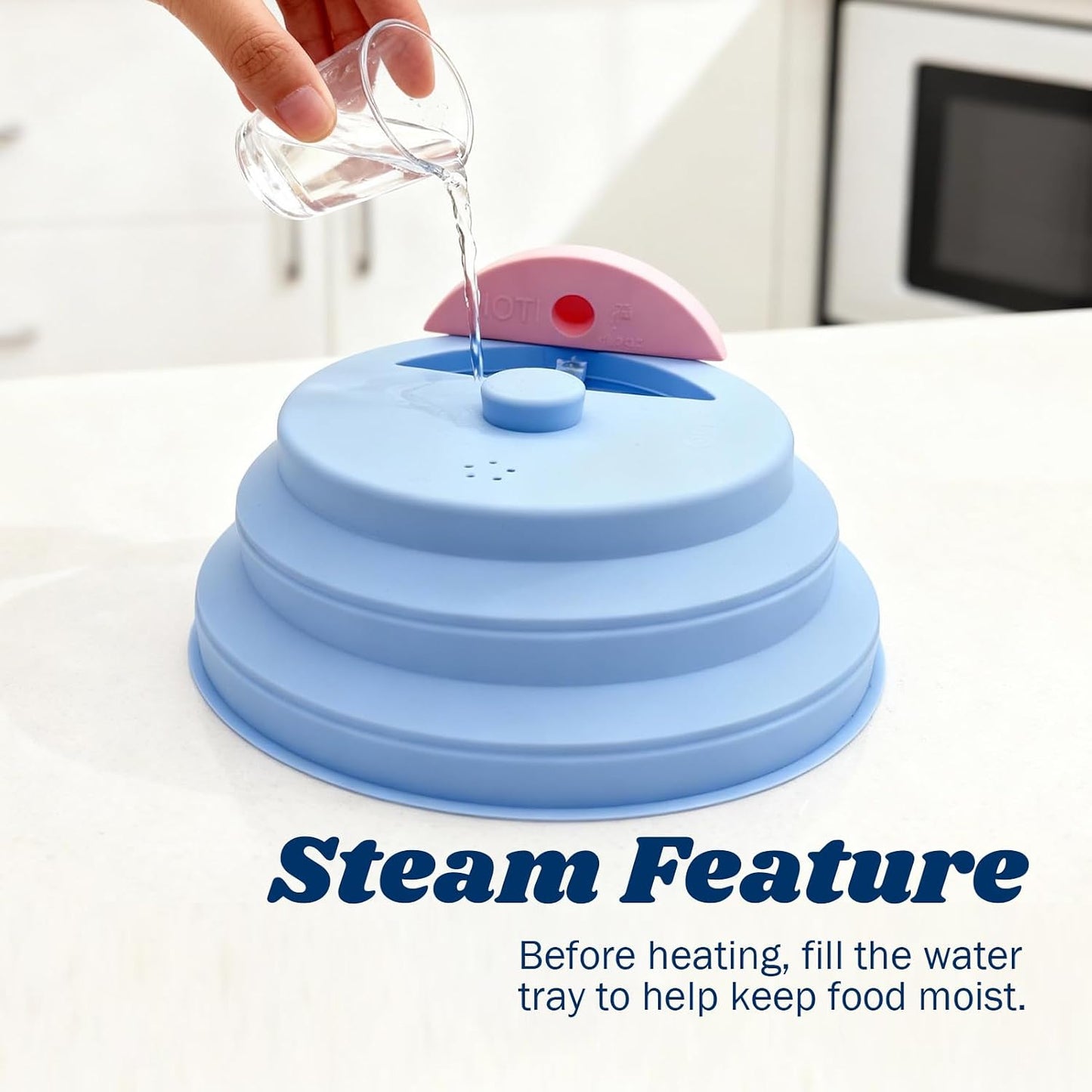 10 Inch Collapsible Silicone Microwave Splatter Cover with water steamer | Silicone microwave cover with water steamer vented splatter guard handle, BPA-Free dishwasher safe kitchen gadgets,Blue&Pink