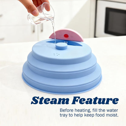 10 Inch Collapsible Silicone Microwave Splatter Cover with water steamer | Silicone microwave cover with water steamer vented splatter guard handle, BPA-Free dishwasher safe kitchen gadgets,Blue&Pink
