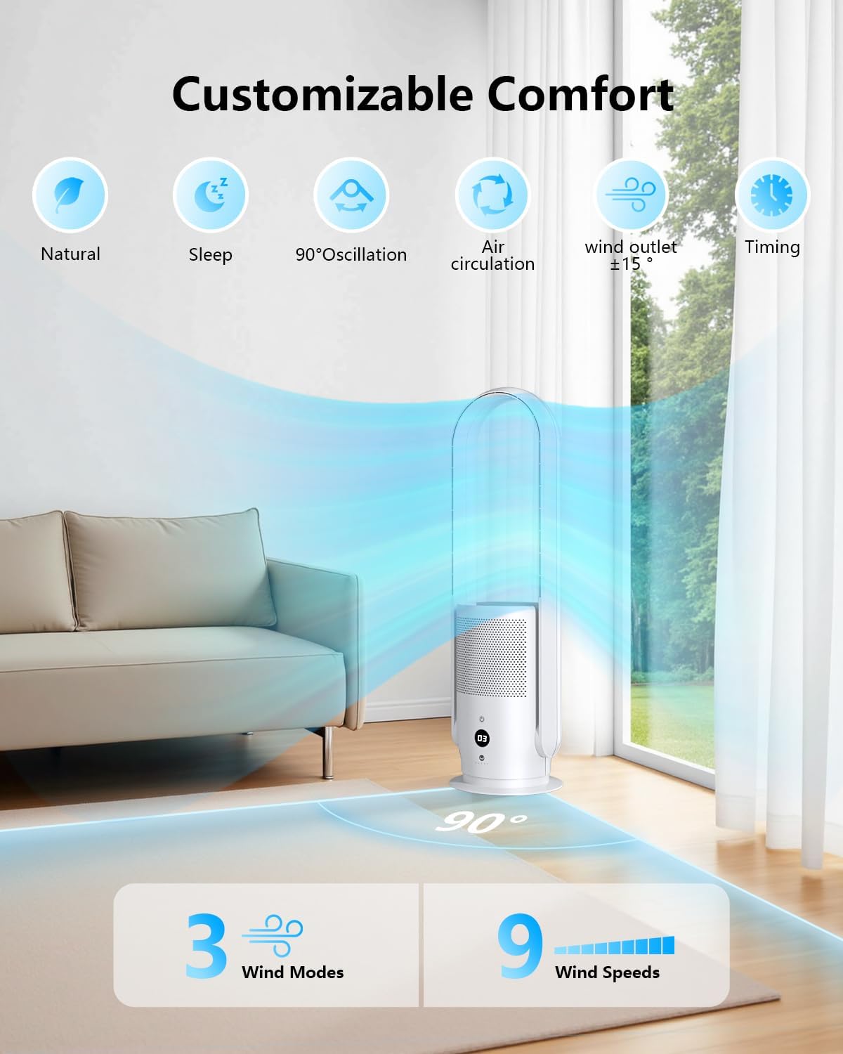 ULTTY Bladeless Tower Fan and Air Purifier Combo, Quiet Oscillating Fan with Remote & Touch Control, 9 Speeds, 8H Timer, HEPA Air Filter, Safe Floor Fan for Bedroom Home Office Black, 23.5"inch