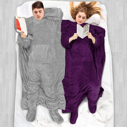 PAVILIA Fleece Blanket with Sleeves and Foot Pockets Women Men, Dark Purple