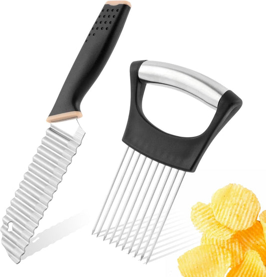 Crinkle Cutter Knife, Rubber Handle Stainless Steel Fries Cutter Slicer with Onion Holder, Vegetable Salad Chopping Knife Home Kitchen Wavy Blade Cutting Tool(Black)