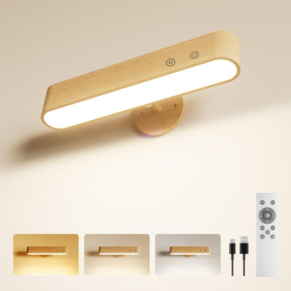 PopoIron Rechargeable LED Wall Sconces Set of Two,Wall Lights for Bedroom with Remote Control and Touch,360° Magnetic Rotation,3 Colors Dimmable Brightness Wood Wall Lamps with 15 RGB Colors,2 Pack