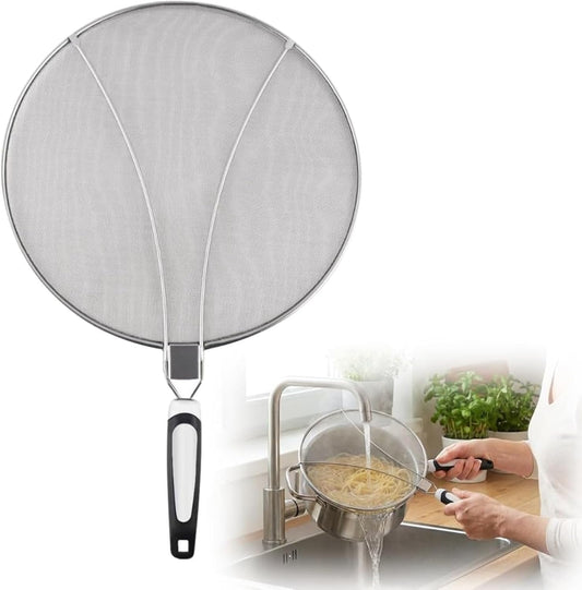 11 Inch Stainless Steel Grease Splatter Screen, Fine Mesh Splash Guard with Adjustable Non Slip Handle, Oil Splash Cover for Frying Pan Skillet Cooking Pot