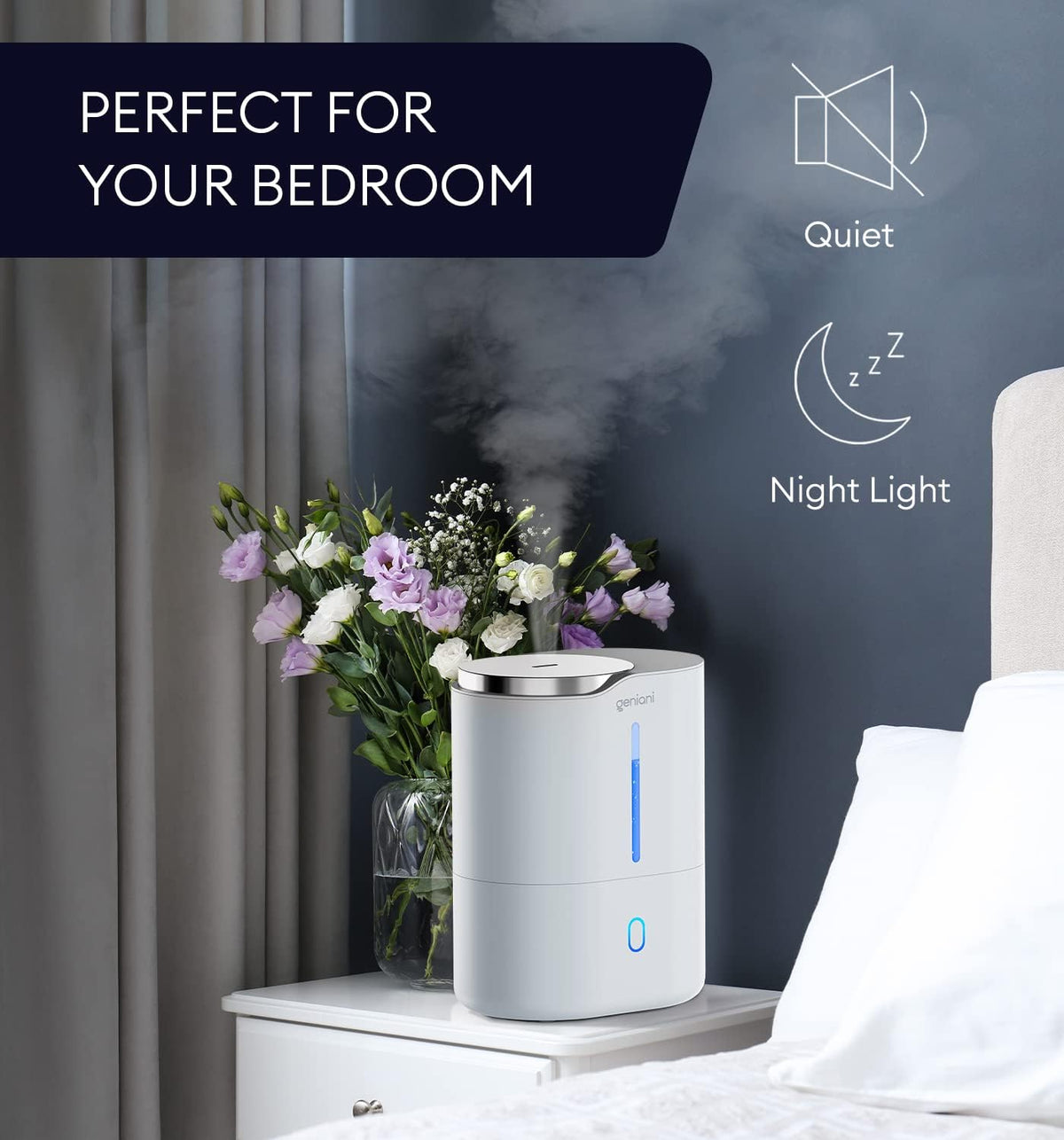 GENIANI Cool Mist Air Humidifiers for Bedroom, Plants, and Large Rooms - Quiet Humidifiers for Baby Room with Auto Shut Off & Night Light (3.9L, White)