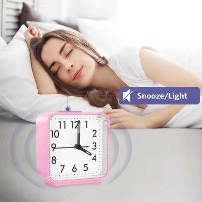 Analog Alarm Clock, Bedside Clocks Battery Powered, Silent Non Ticking Travel Clock with Night Light, Snooze, Easy Set, Clock for Heavy Sleepers Kids Elder Travel Bedroom Office, Pink