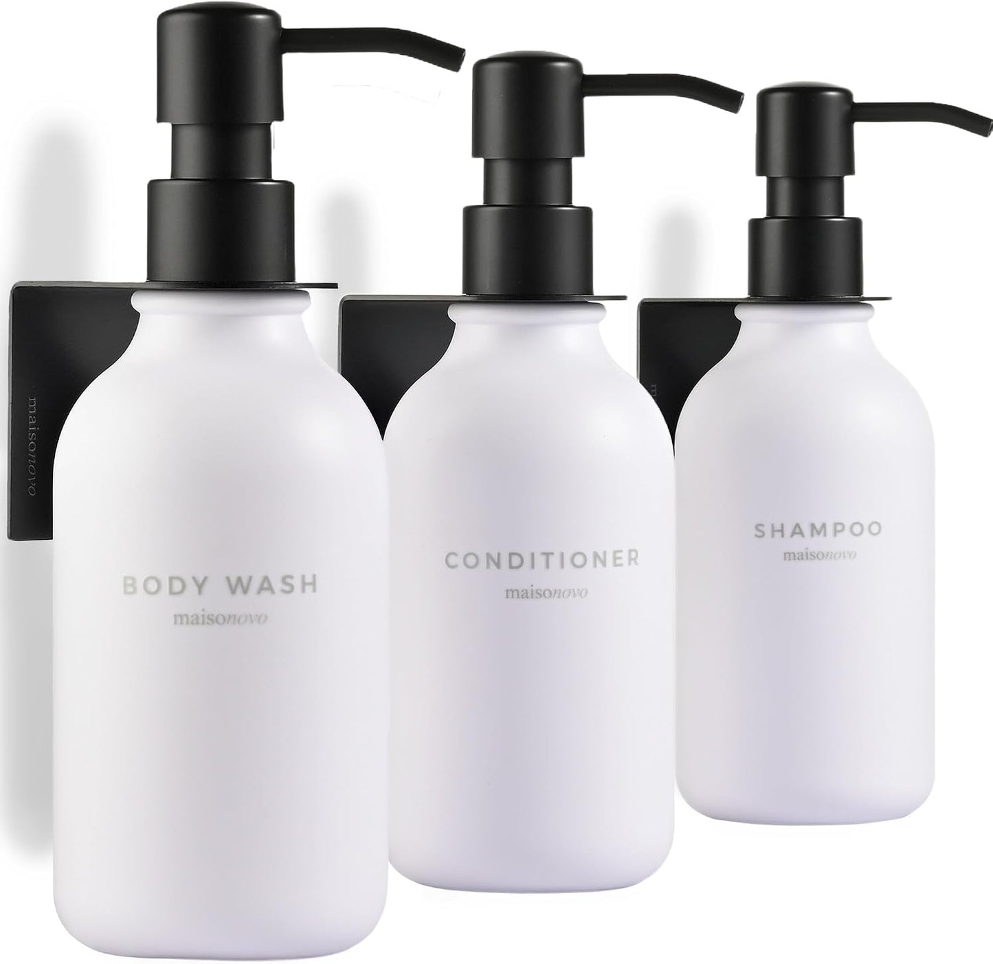 MaisoNovo Shampoo and Conditioner Dispenser|Refillable Black Set of 3 | 500 ml Shower Gel Dispenser Set of 3. Refillable Shampoo and Conditioner Bottles. Drill Free Secure Design. Black
