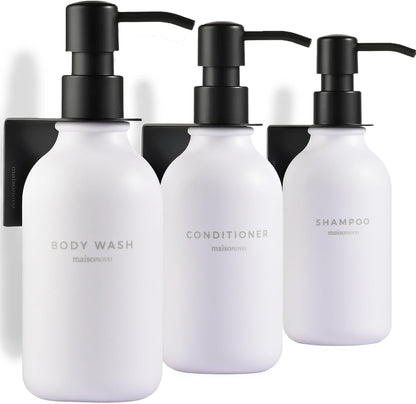 MaisoNovo Shampoo and Conditioner Dispenser|Refillable Black Set of 3 | 500 ml Shower Gel Dispenser Set of 3. Refillable Shampoo and Conditioner Bottles. Drill Free Secure Design. Black