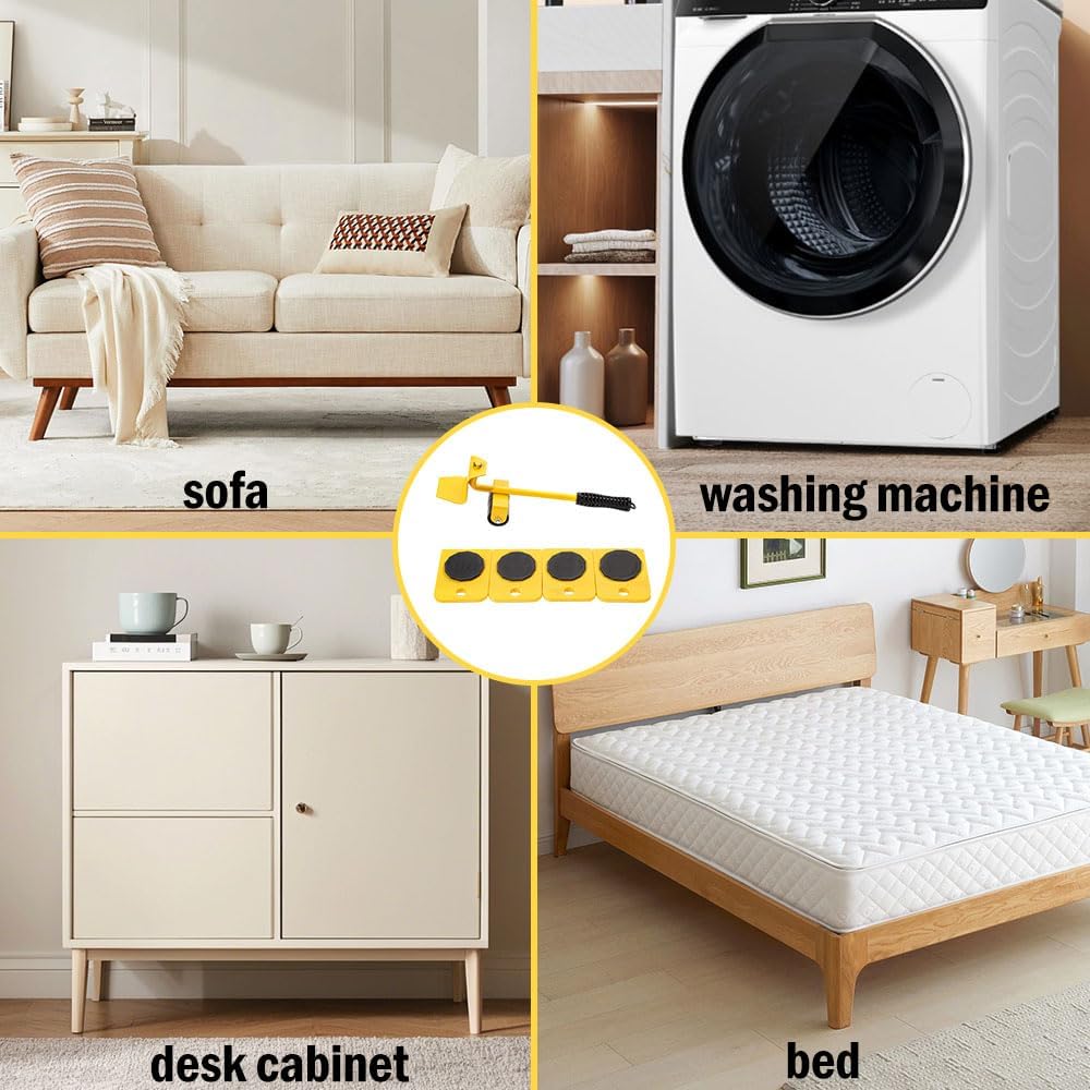 Vivicreate Furniture Lifter Mover Tool Set with Wheels Heavy Duty Moving Dolly Kit for Sofa Bed Cabinet Washing Machine Appliance Sliders Rollers Easy Moving Tool llantas para Mover muebles (Yellow)