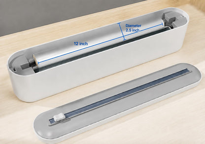 Plastic Wrap Dispenser with Cutter, Gray and White, 15 Inch, Traceless Adhesive Mount, Kitchen Food Storage