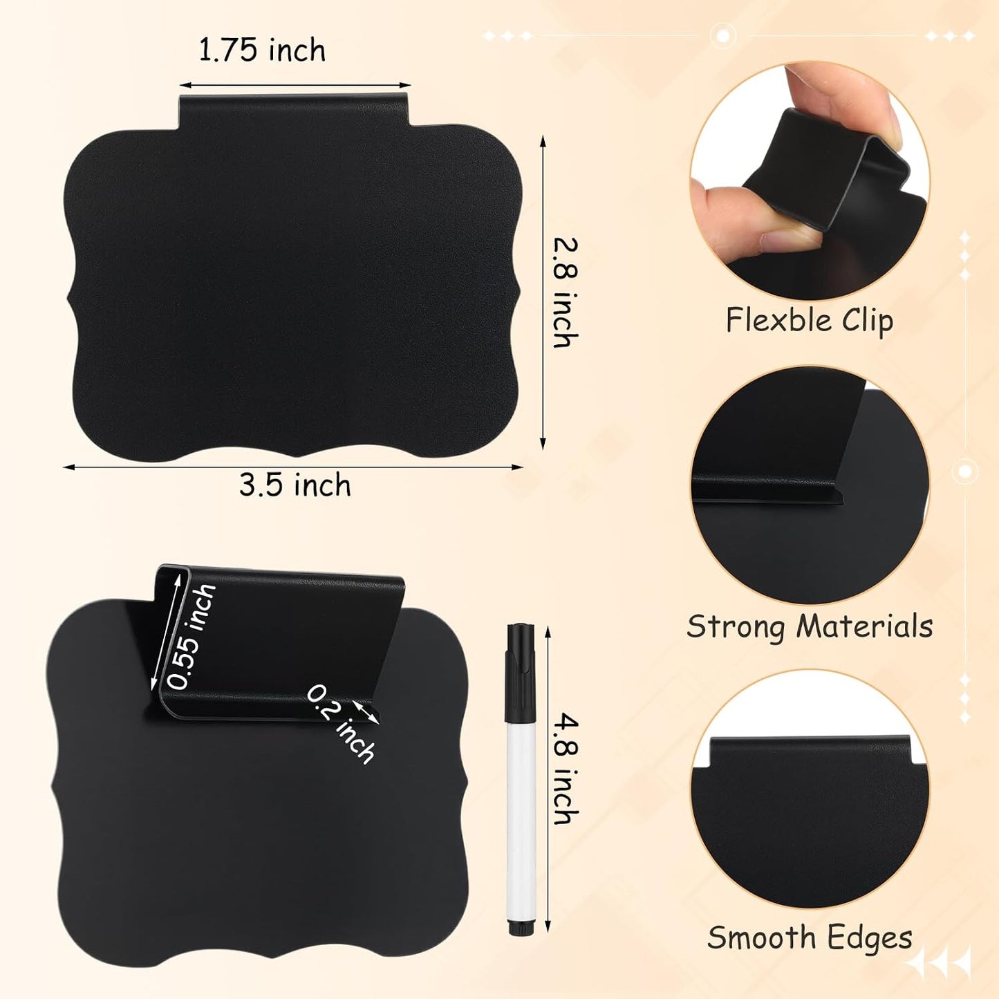 50 Pcs Black Basket Labels Clip on for Storage Bins, Removable PVC Bin Clip Labels with 4 Chalk Markers for Basket Pantry Cubes Organization Container