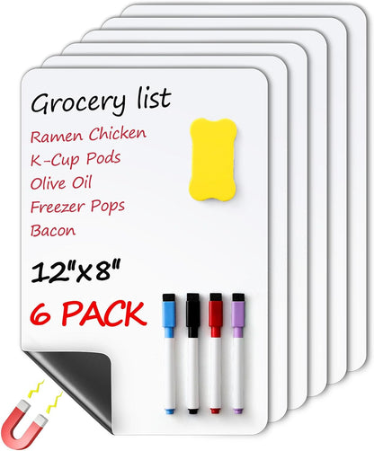 4 PACK Magnetic Dry Erase Board Sheet for Fridge, 12"x8" Erasable Refrigerator WhiteBoard w/ 6 Markers & 1 Eraser- Smooth and Flexible Small Magnet Blank Notepad for Home Kitchen Organizer and Planner