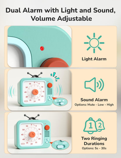 LIORQUE Visual Timer for Kids with Pause, 60 Minute Countdown Timer, Green | Non-Ticking, 3 Volume Levels, Back Magnetic, Two Ringing Durations, Light Indicator, for Classroom Kitchen Office ADHD