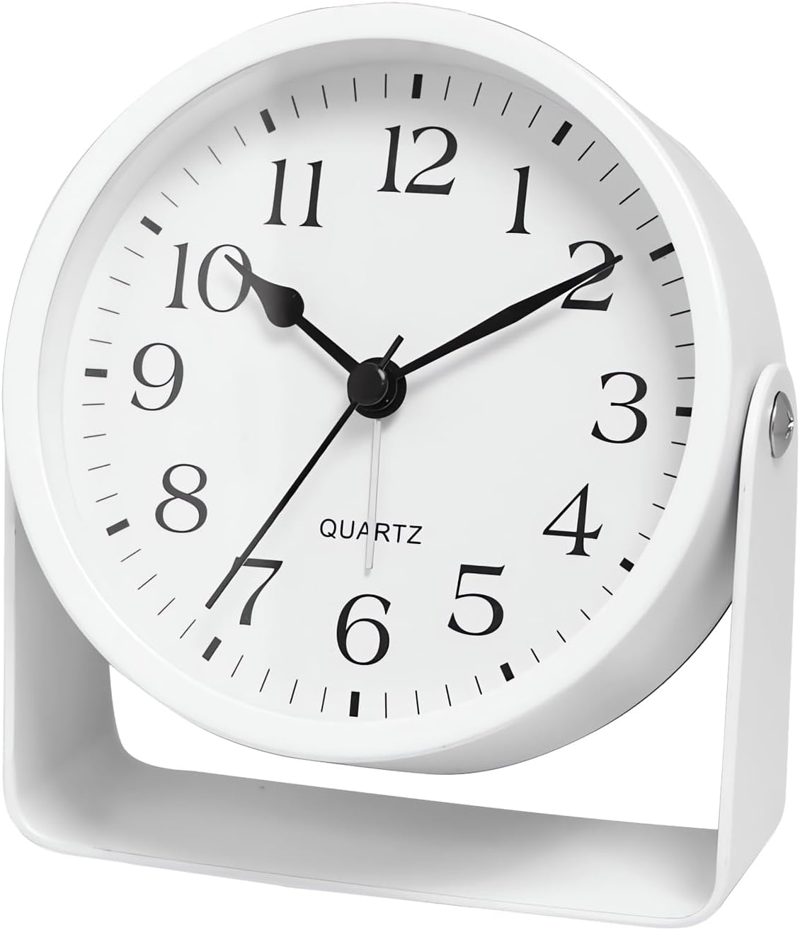Analog Alarm Clock - 4.5" Silent Non Ticking Small Clock with Light, Rotatable Stand Metal Desk Clock Battery Operated, Simple Design for Living Room Decor/ Bedroom/Bedside/Shelf (Black & White)