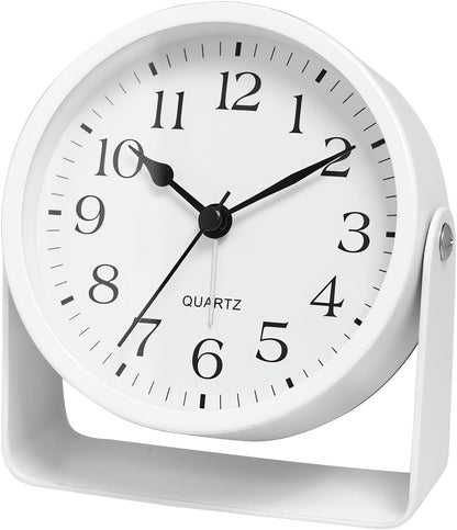 Analog Alarm Clock - 4.5" Silent Non Ticking Small Clock with Light, Rotatable Stand Metal Desk Clock Battery Operated, Simple Design for Living Room Decor/ Bedroom/Bedside/Shelf (Black & White)
