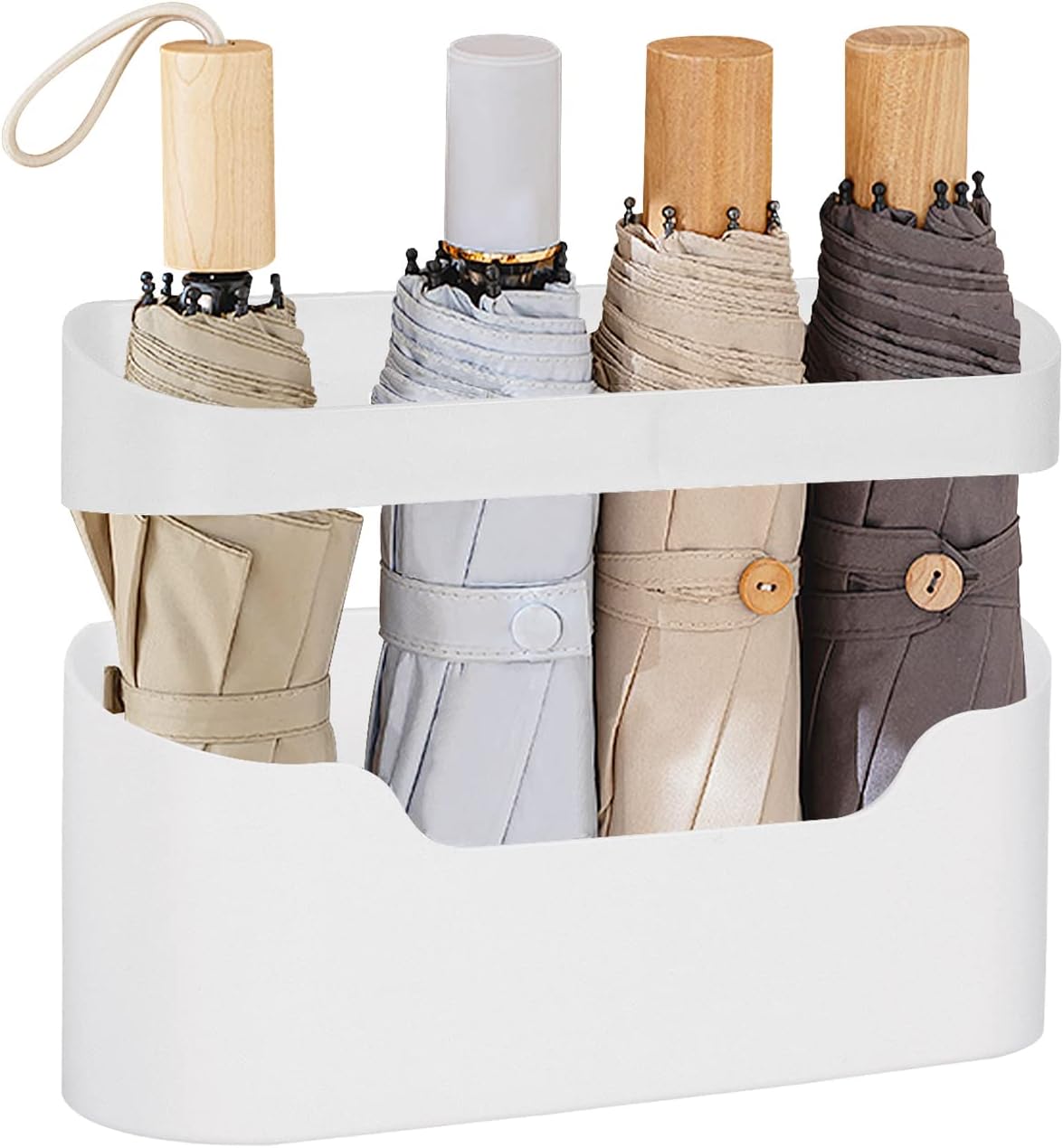 Wall Mount Umbrella Stand Holder, Modern Entryway Organizer with Drip Tray for Wet Umbrellas, Compact & Space-Saving Storage Rack for Home & Office (White)