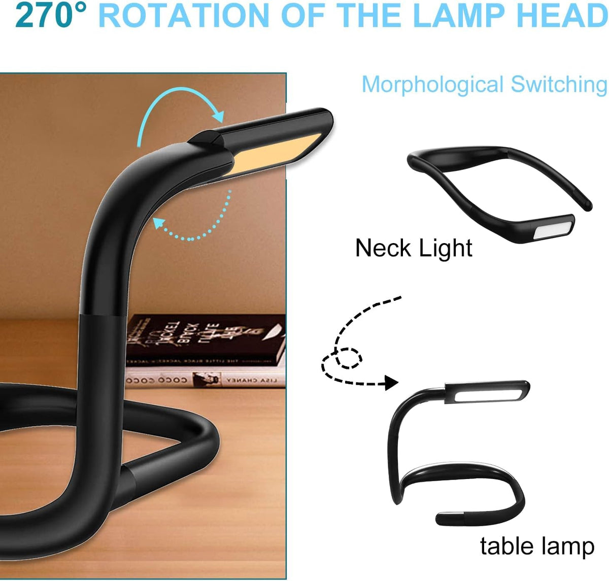 LED Neck Reading Light for Books: 3 Color Adjustable Bendable Arms Black