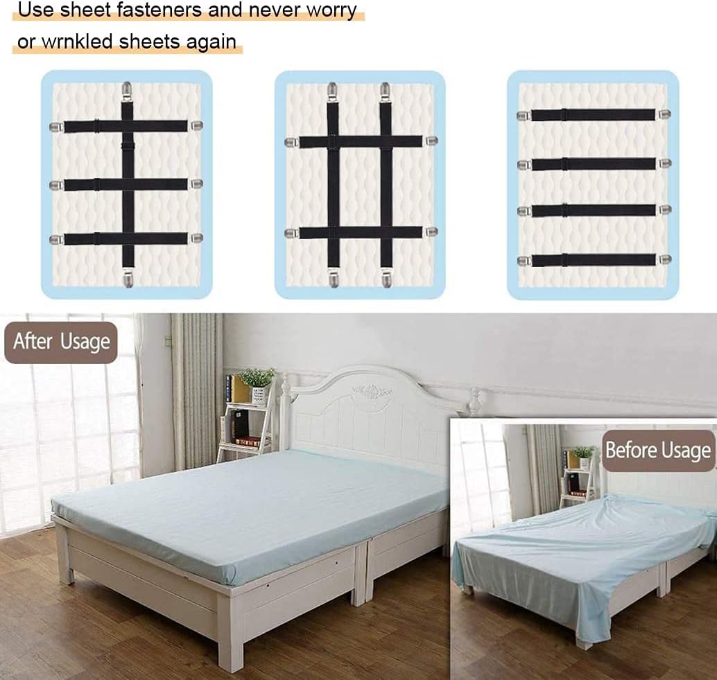 Adjustable Bed Sheet Straps Clips, Elastic Mattress Sheet Fasteners Holder and Suspenders, Grippers to Hold Sheet, Mattress, Sofa, Couch, Table Cloth, Recliner Ironing Board Cover and More