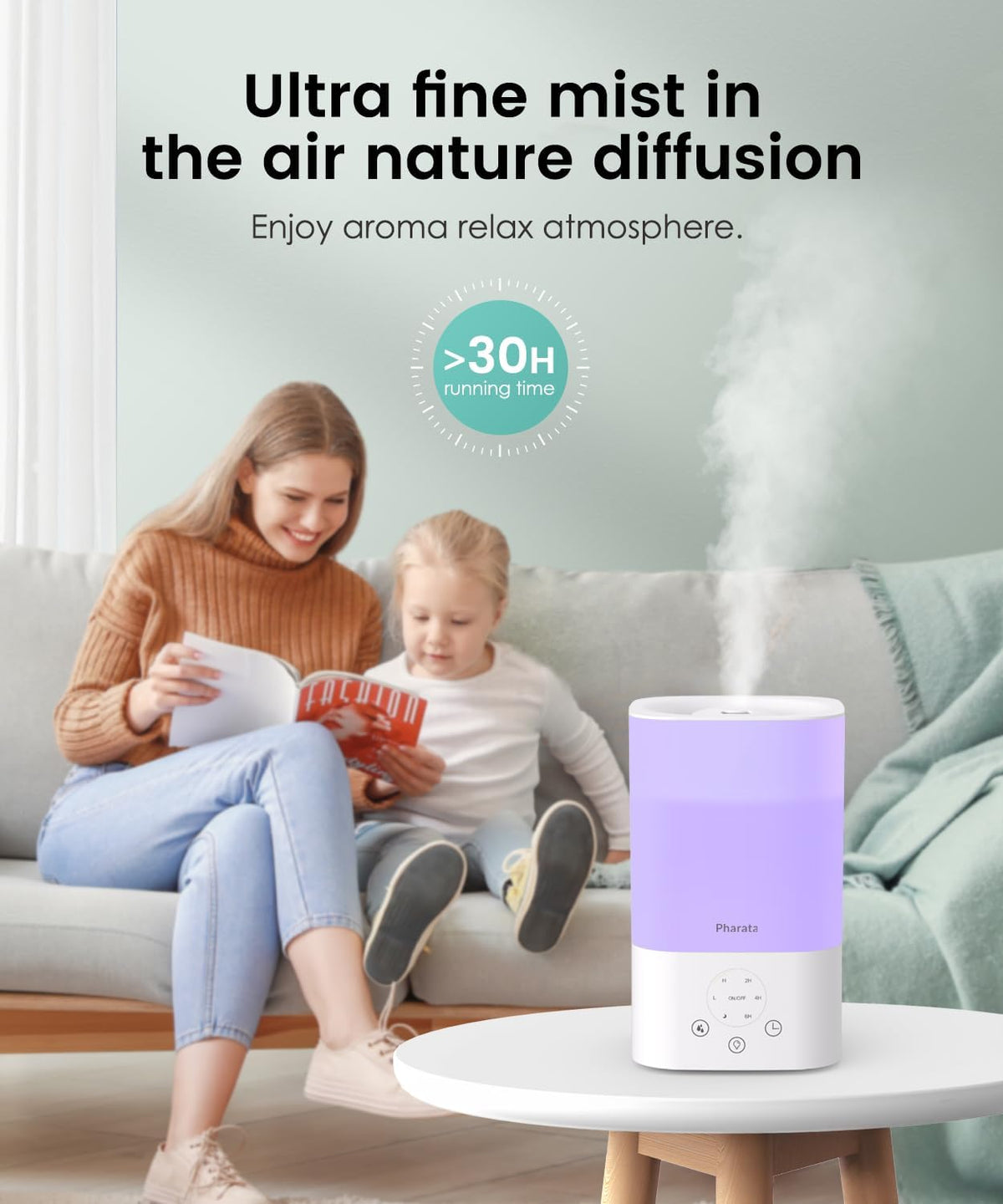 Pharata Humidifiers for Bedroom Large Room, 2.5L Cool Mist Humidifier with Essential Oil Diffuser, Top Fill Humidifier for Baby, Home, Plant, Ultrasonic Humidification for whole house, Auto Shut-Off