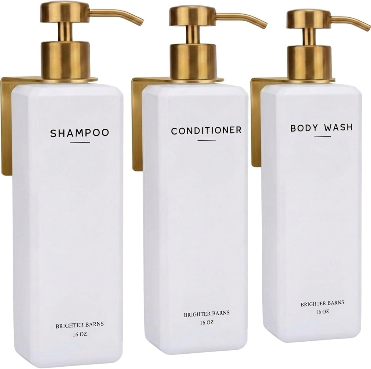 Luxury Shampoo and Conditioner Dispenser Set Wall Mounted by Brighter Barns - Refillable Shower Dispenser with Stainless Steel Pumps - Shampoo Bottles 3 Chamber No Drill for Airbnb, Spa, Hotel (White)