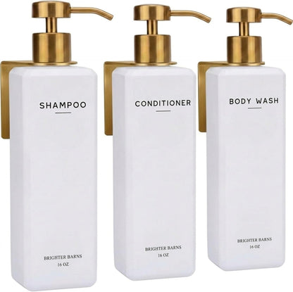 Luxury Shampoo and Conditioner Dispenser Set Wall Mounted by Brighter Barns - Refillable Shower Dispenser with Stainless Steel Pumps - Shampoo Bottles 3 Chamber No Drill for Airbnb, Spa, Hotel (White)