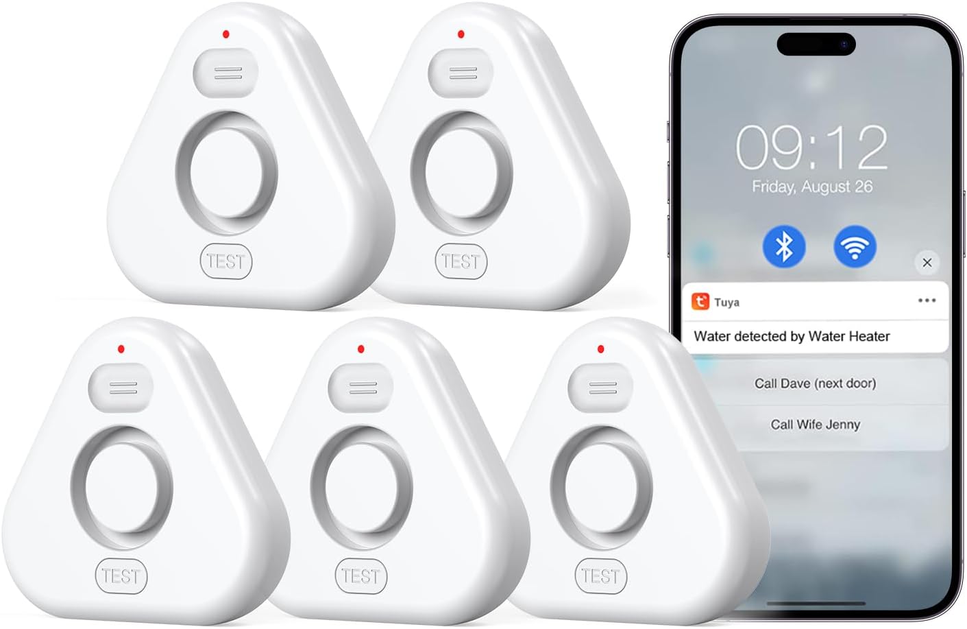 Water Alarm Leak Detector,Water Leak Detectors for Home with App Alerts,Water Sensor Alarm Leak Detector with 120db Adjustable,500ft Transmission for Basement,Bathroom,No Hub Required (Support 2.4G)