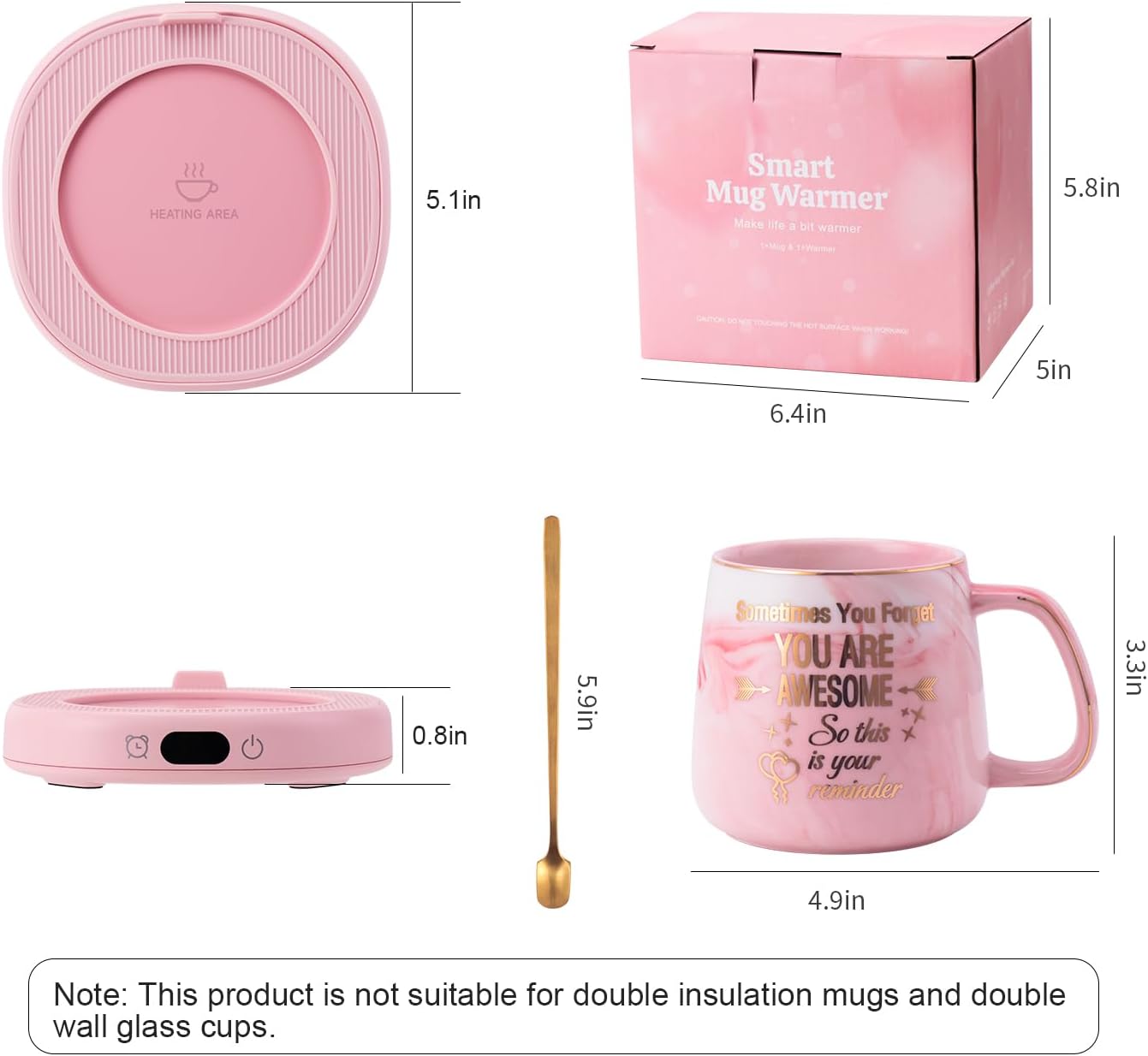 Coffee Mug Warmer & You are Awesome Mug Set, Electric Cup Warmer for Desk | Beverage Warmer Plate for Coffee, Tea, 4 Temperature Setting, 8-Hours Auto Shut Off, 14oz Mug with Spoon & Lid Included