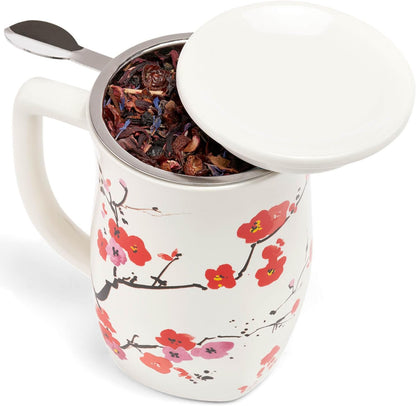 Tea Forte Ceramic Fiore Tea Cup with Infuser, Blue Agave, 14 oz | Insulated Ceramic - Stainless Steel Loose Leaf Infuser - Keeps Tea Hot Longer - Lid Included - Microwave & Dishwasher Safe