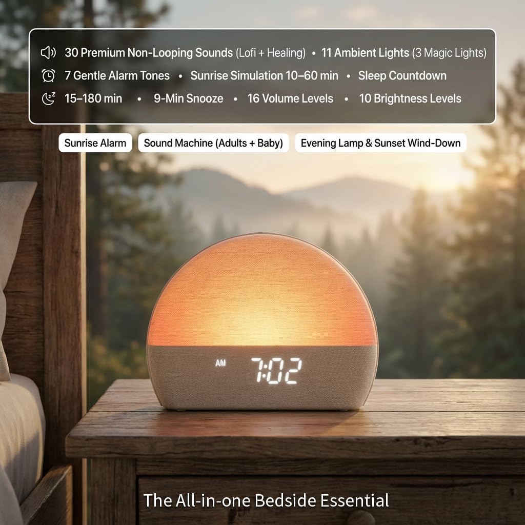 Sunrise Alarm Clock White Noise Sound Machine, Natural Wake Up Light for Adults, Baby and Pets – 30 Non-Looping Sleep Sounds, 10 Color Ambient Night Light, Screen-Free Sleep by Paus
