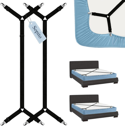 Sopito Sheet Straps, Adjustable Bed Sheet Suspenders Max Stretch from 29.5 in to 82.7 in Compatible for Crib to King Size Bed, Non Slip Holder Fasteners Clips, 2pcs/Black