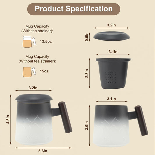 Tea Cup with Infuser, 13.5oz Ceramic Tea Infuser Mug with Wood Handle and Cup Lid, Tea Strainer Cup for Loose Leaf Steeping, Blue&Black