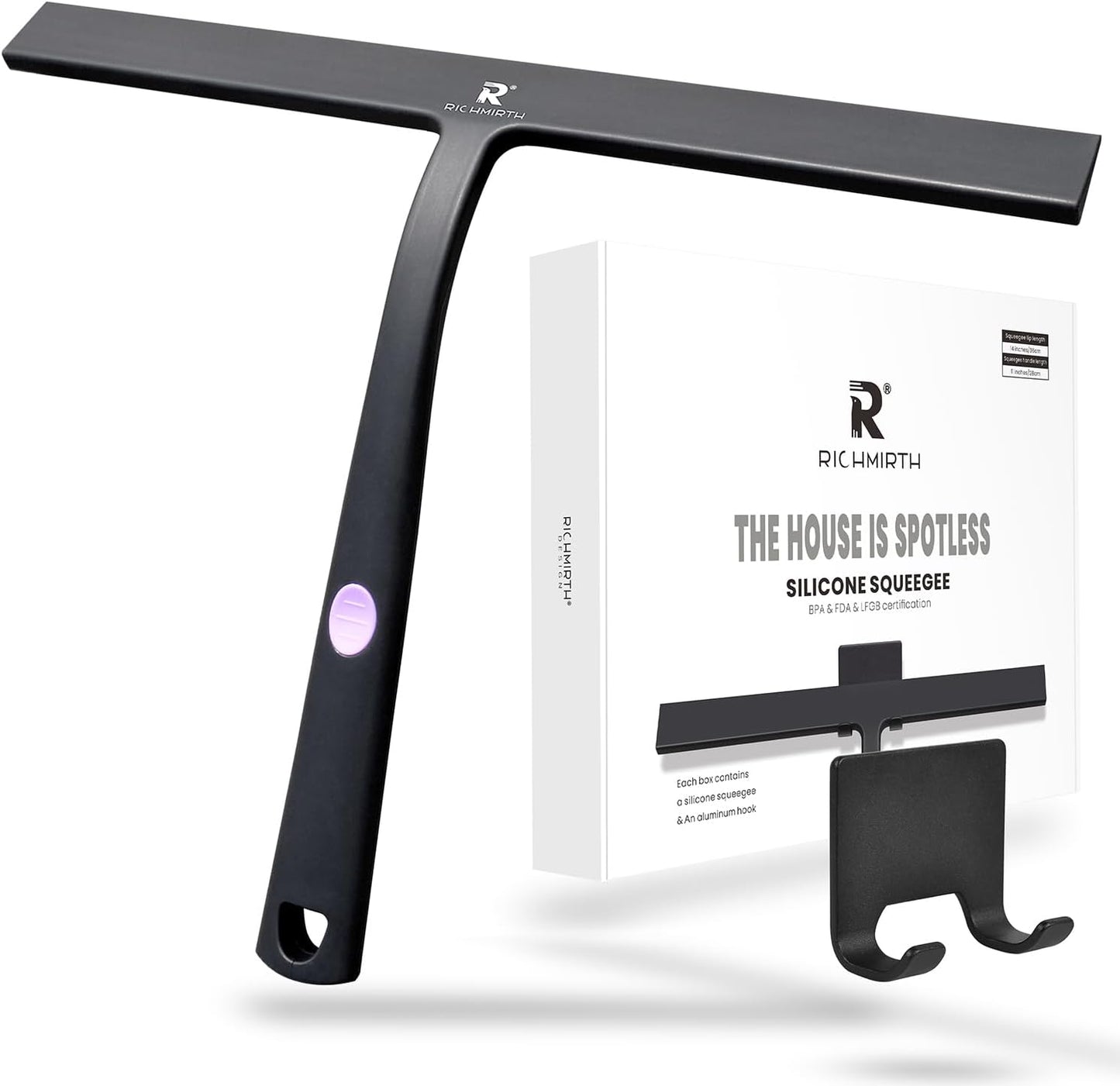 12 Inch Silicone Shower Squeegee for Glass Doors with Microfiber Cloth & Hook, Streak-Free Window Cleaner for Bathroom Mirror Tile Car, No-Scratch Squeegee with Rustproof Metal Core (Black)