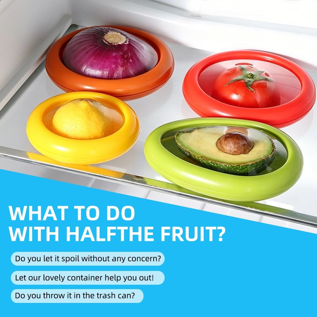 Food Storage Containers for Fruit & Vegetable - 4 Pack Set: Avocado, Lemon, Apple, and Onion Savers - Airtight Silicone Stretch Covers for Kitchen Fridge - BPA Free