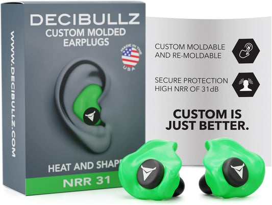 Decibullz Custom Molded Ear Plugs, 31dB NRR Shooting Ear Protection (Green)